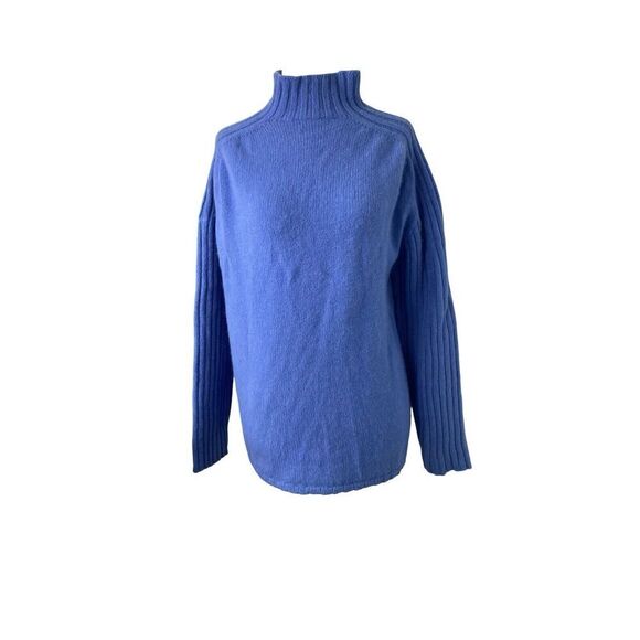 Harley Of Scotland Sweater Womens Medium Blue Mock Neck Extra Fine Merino Wool - Picture 1 of 6